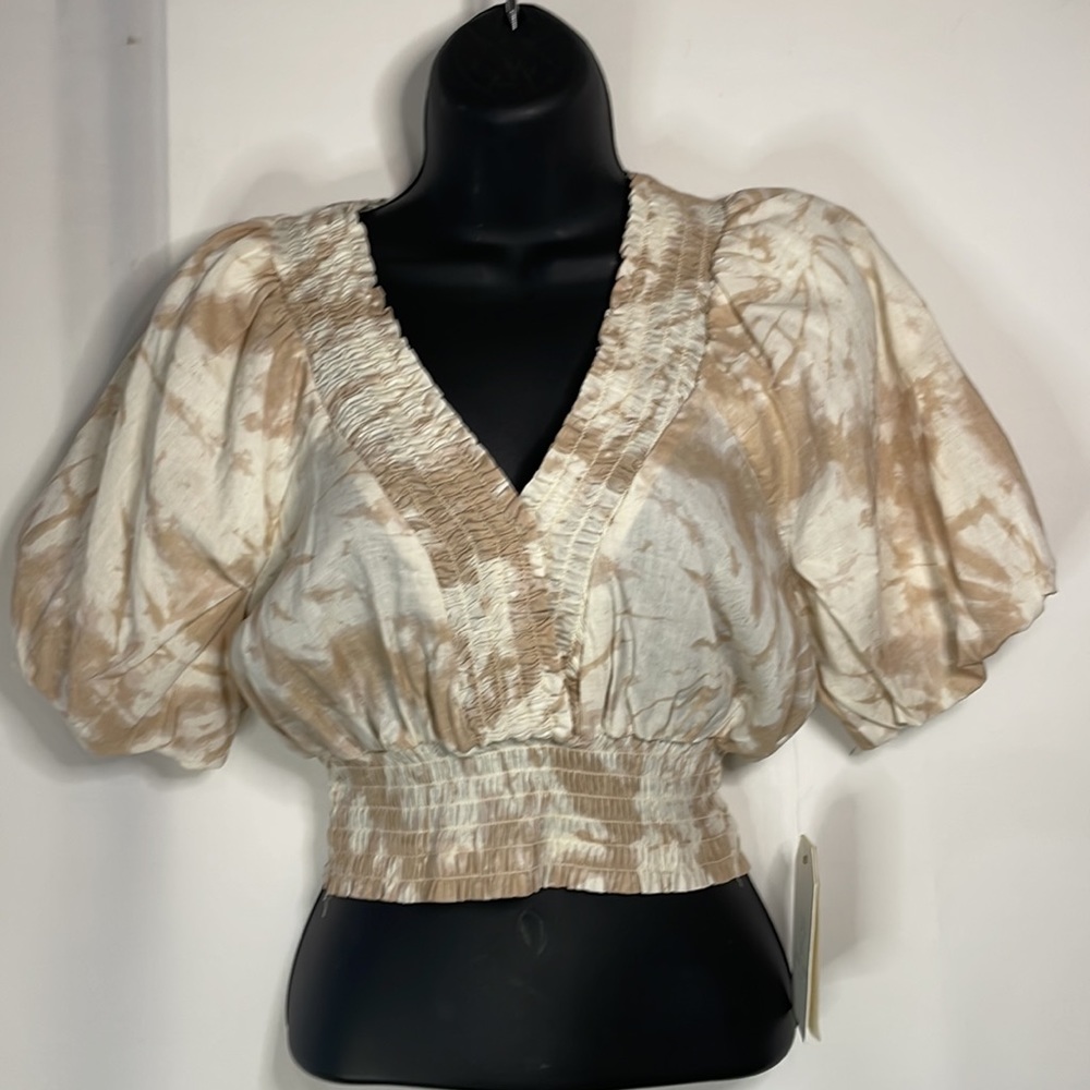 Plunging V neck elastic waist crop mid shirt with poof sleeve open tie back